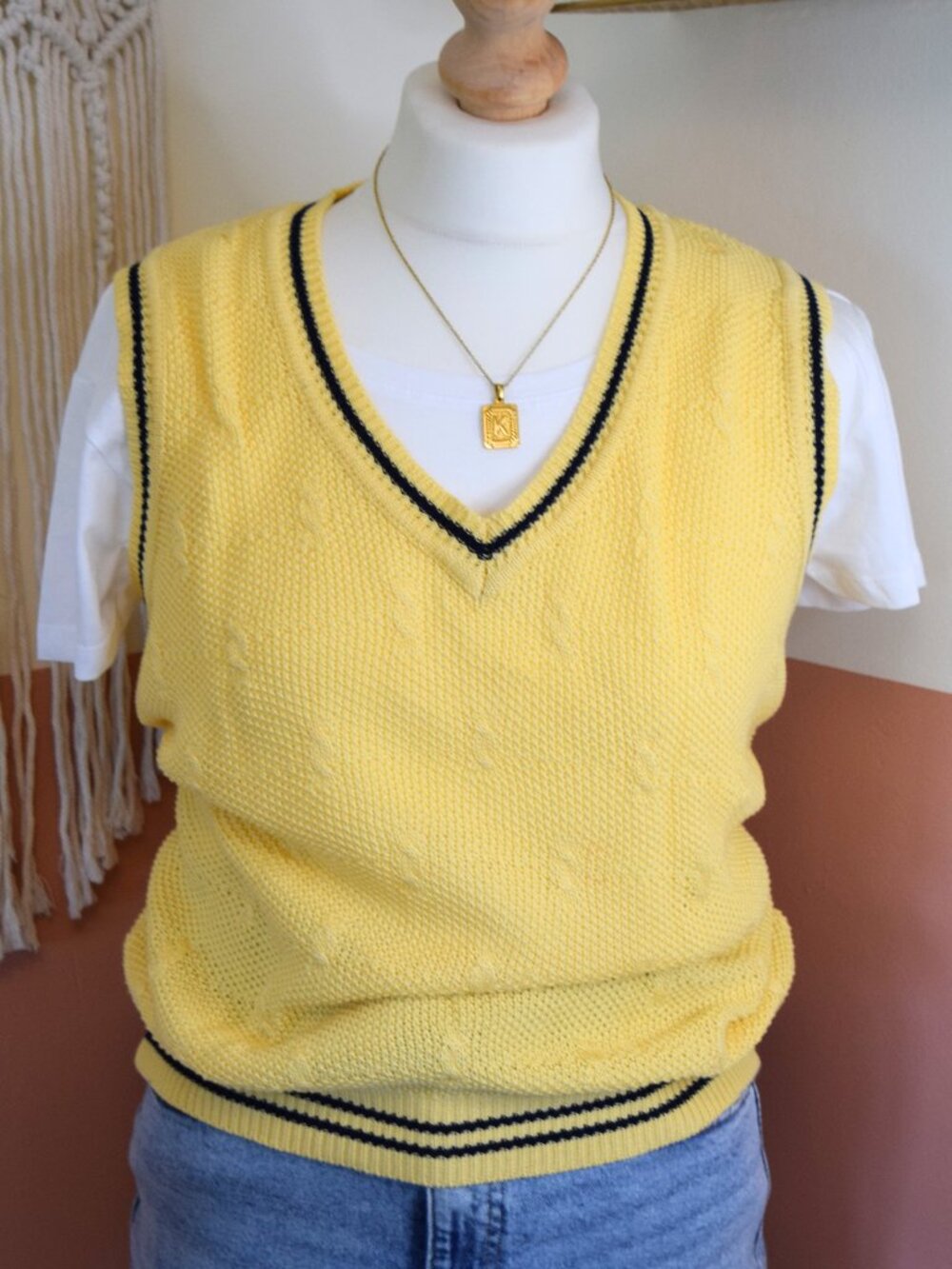 Cutter & Buck Yellow Cotton Sweater Vest Large Preppy Y2K Cable Knit